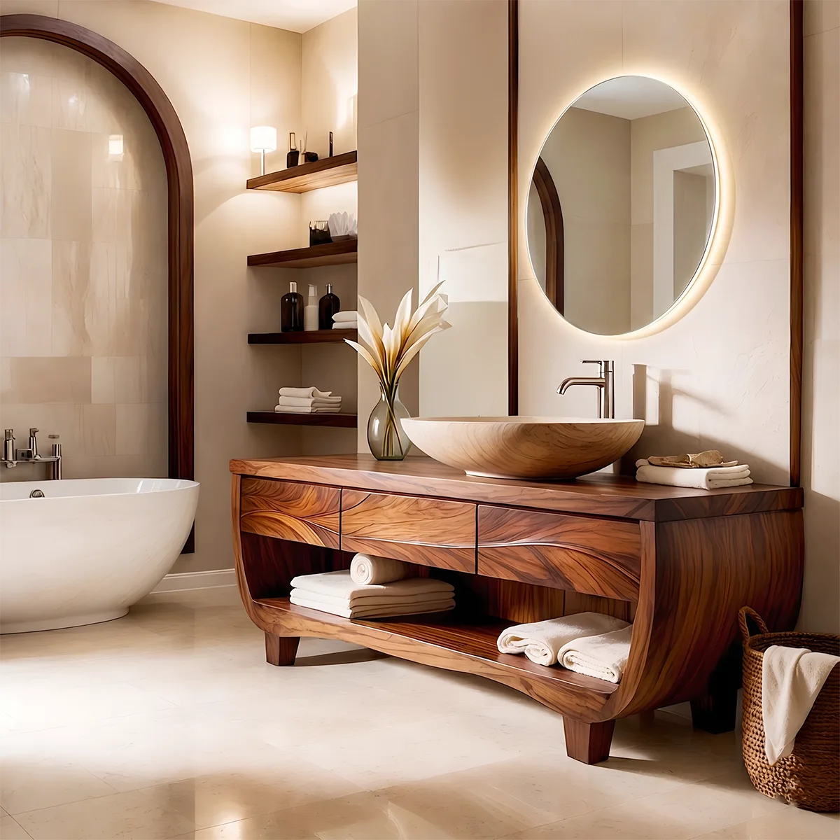 Solid Wood Double Sink Bathroom Vanity | Curved Bathroom Vanity Cabinet with Open Shelf & Drawers HG021-2095