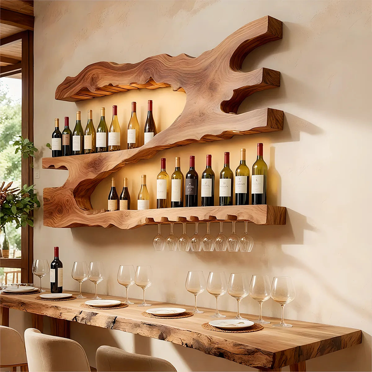 Live Edge Solid Wood Wall Wine Rack for Home Bars & Wine Lovers HG021-4091