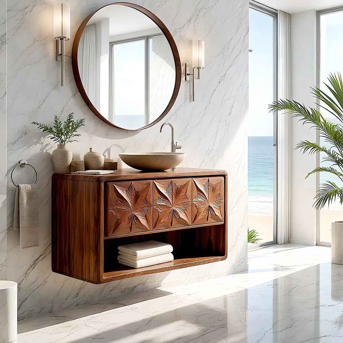 Geometric Leaf Carved Bathroom Vanity with Open Storage HG021-8975
