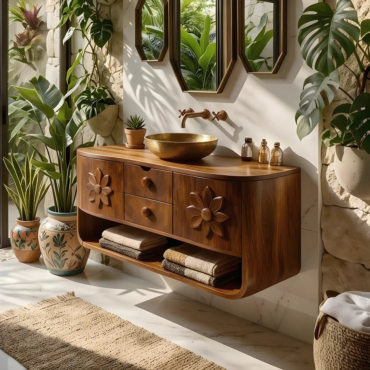 Floating Solid Wood Bathroom Vanity | Floral Carved Wall Mounted Vanity Cabinet with Open Shelf HG021-1071