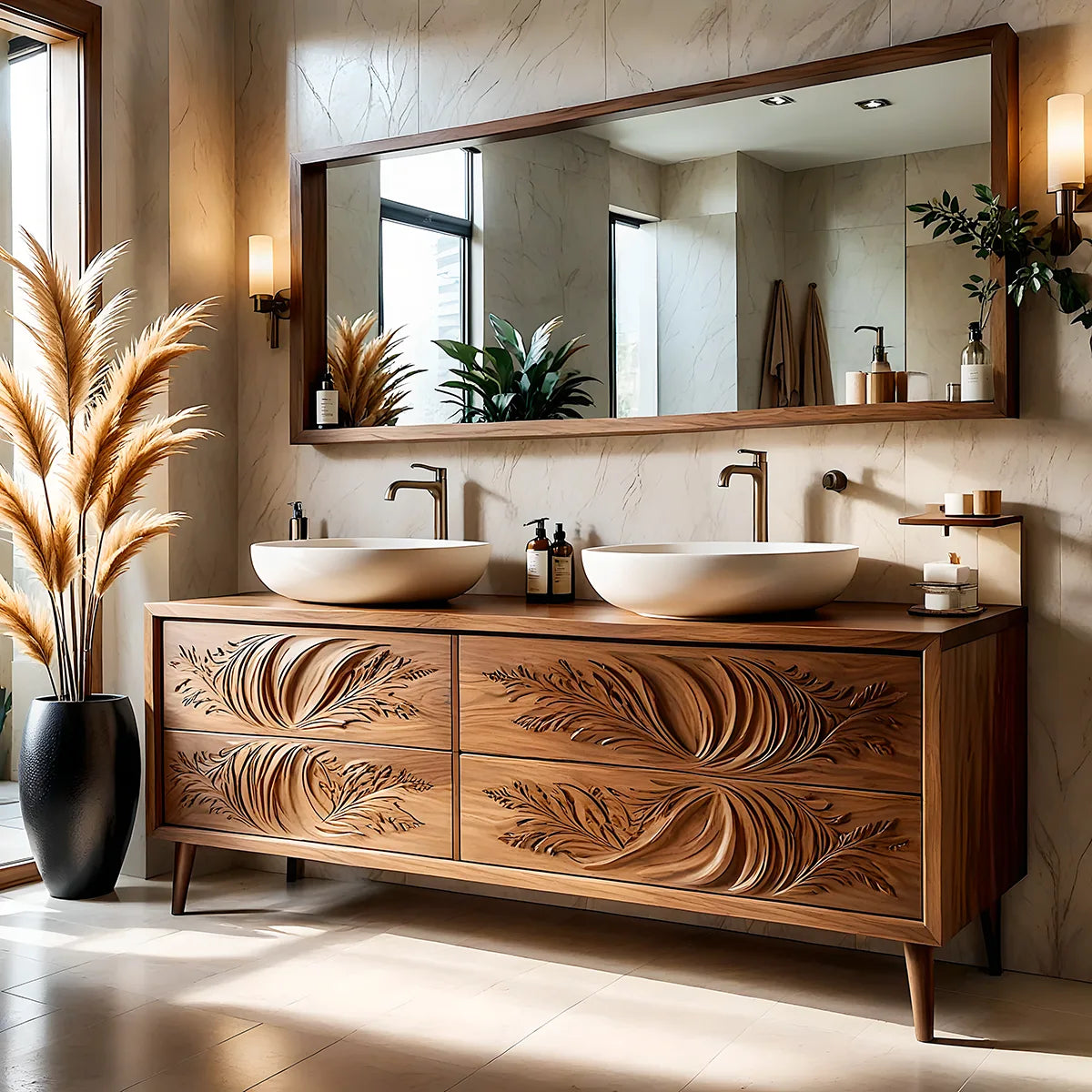 Floral Carved Double Vanity Cabinet for Modern Bathrooms HG021-1886