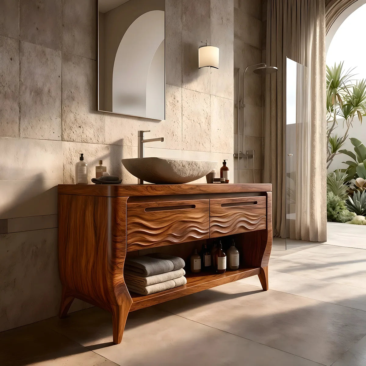 Solid Wood Bathroom Vanity with Open Shelf | Wave Carved Double Drawer Bathroom Vanity Cabinet HG021-3694