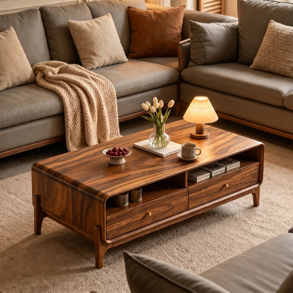Wood Coffee Table with 2 Drawers & Open Shelves | Mid Century Modern Rectangular Living Room Table HG021-8XOV9MG