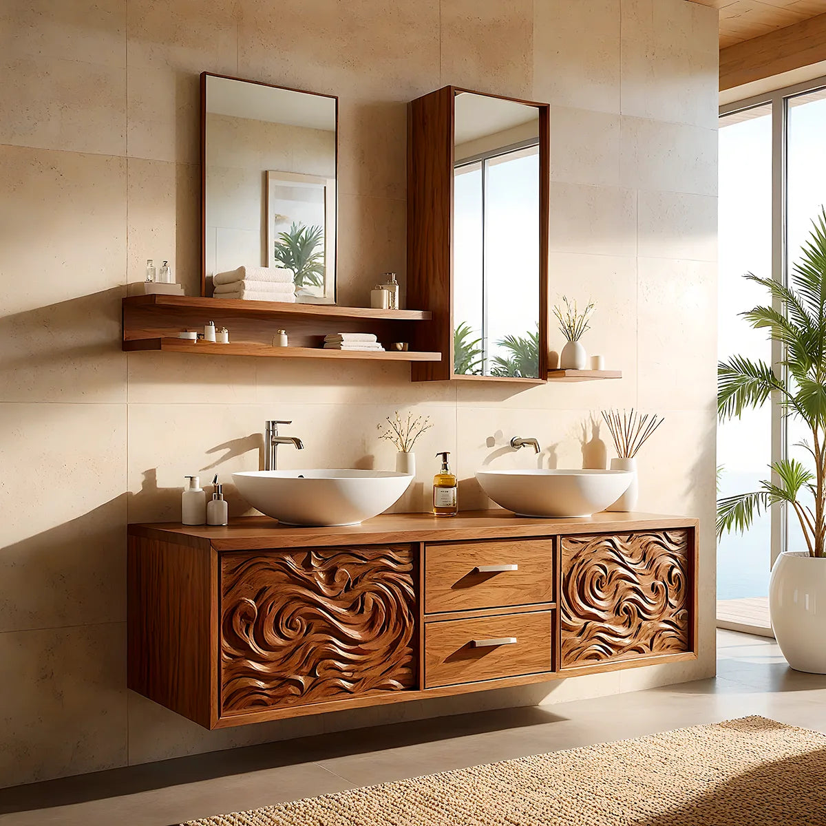 Double Sink Floating Bathroom Vanity | Luxury Carved Bathroom Cabinet HG021-2771