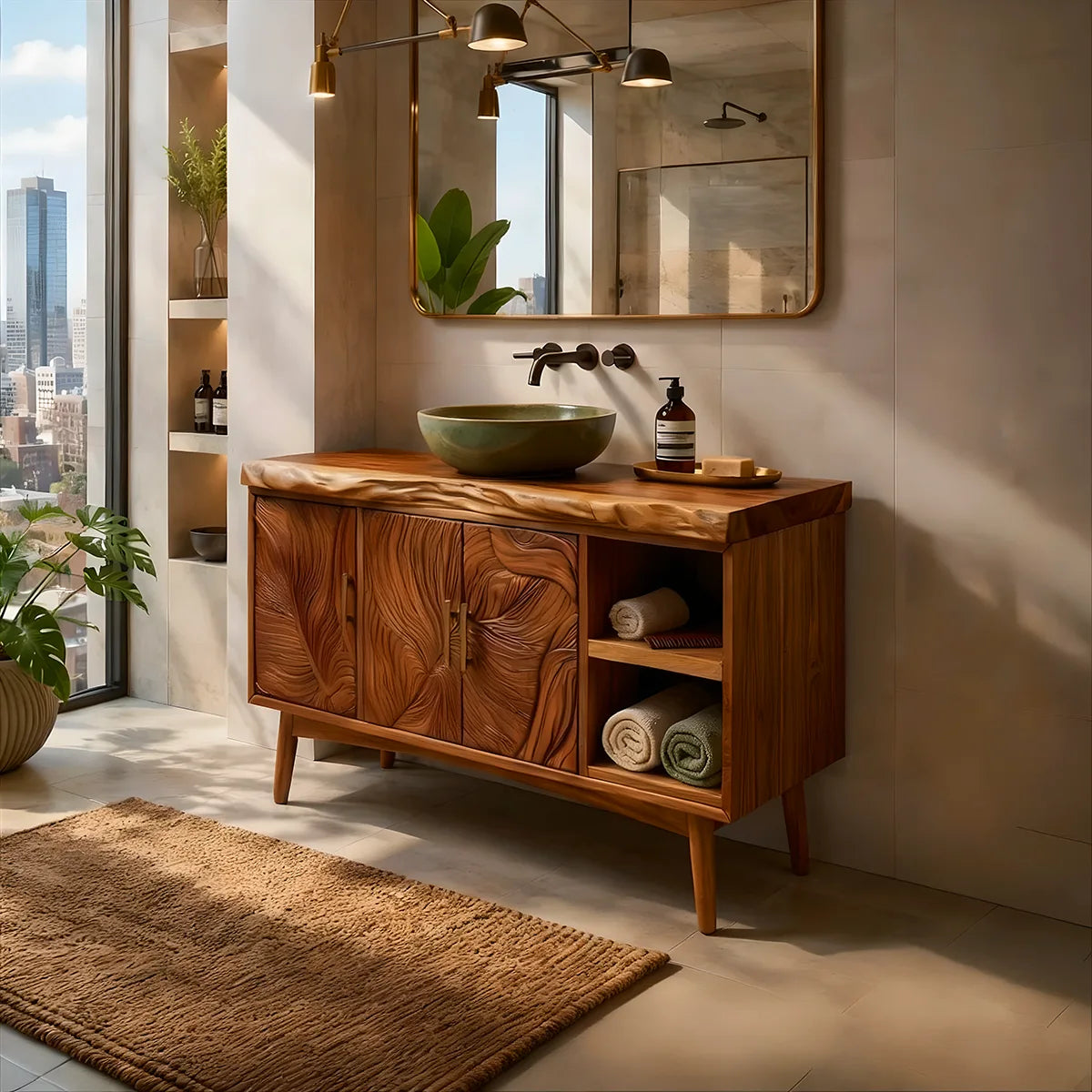 Tropical Modern Bathroom Vanity with Hand-Carved Doors and Open Storage HG021-1910