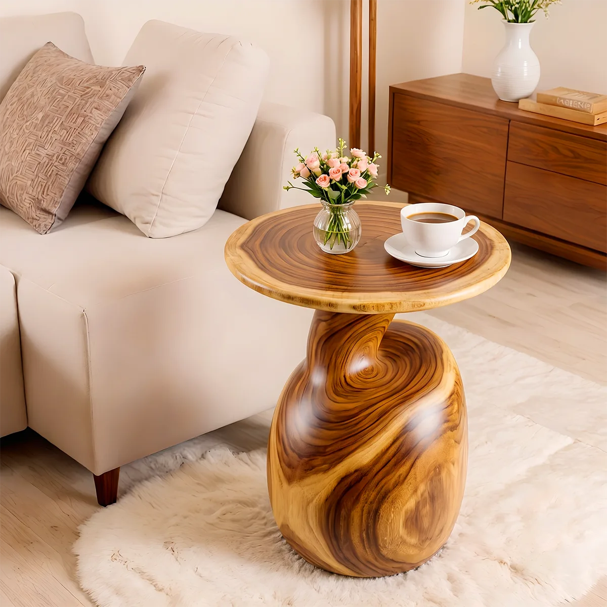 Modern Round End Table | Sculptural Swirl Pedestal Accent Table HG021-3645