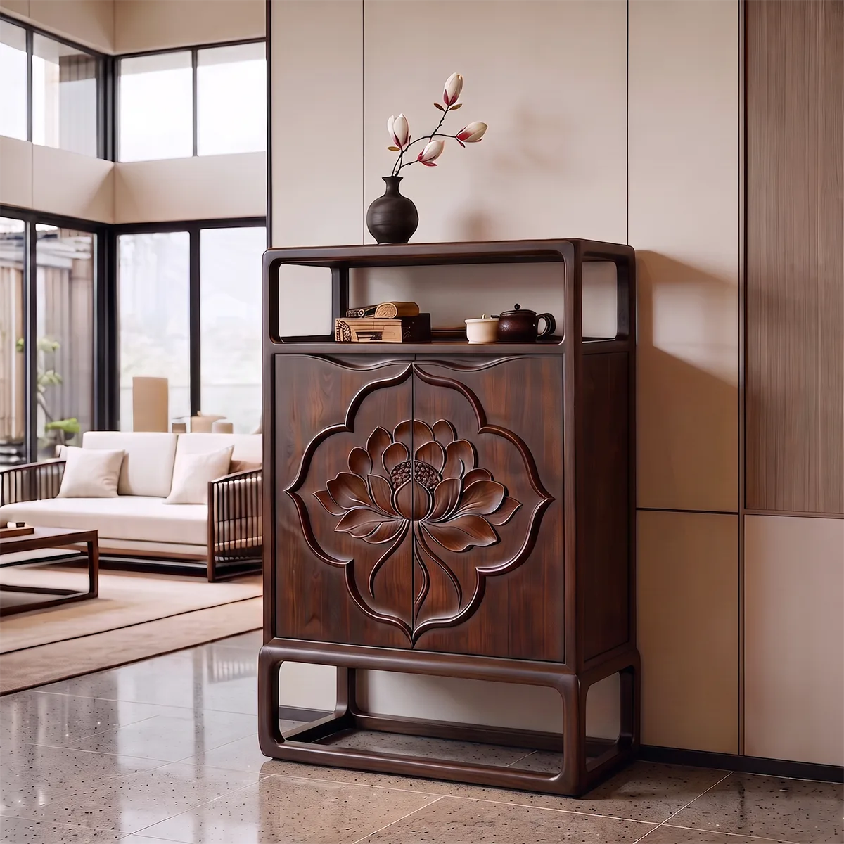Lotus Carved Sideboard with Open Display Shelf | Sculptural Storage Cabinet HG021-1UIU6MD