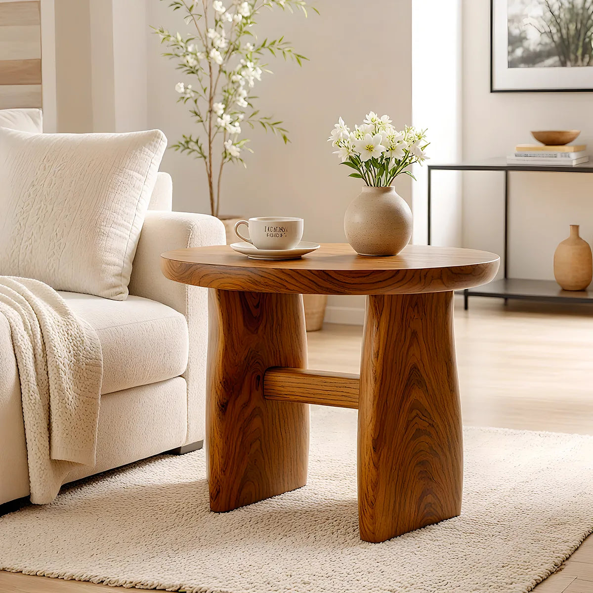Modern Round End Table | Sculptural Dual-Pedestal Side Table HG021-7122