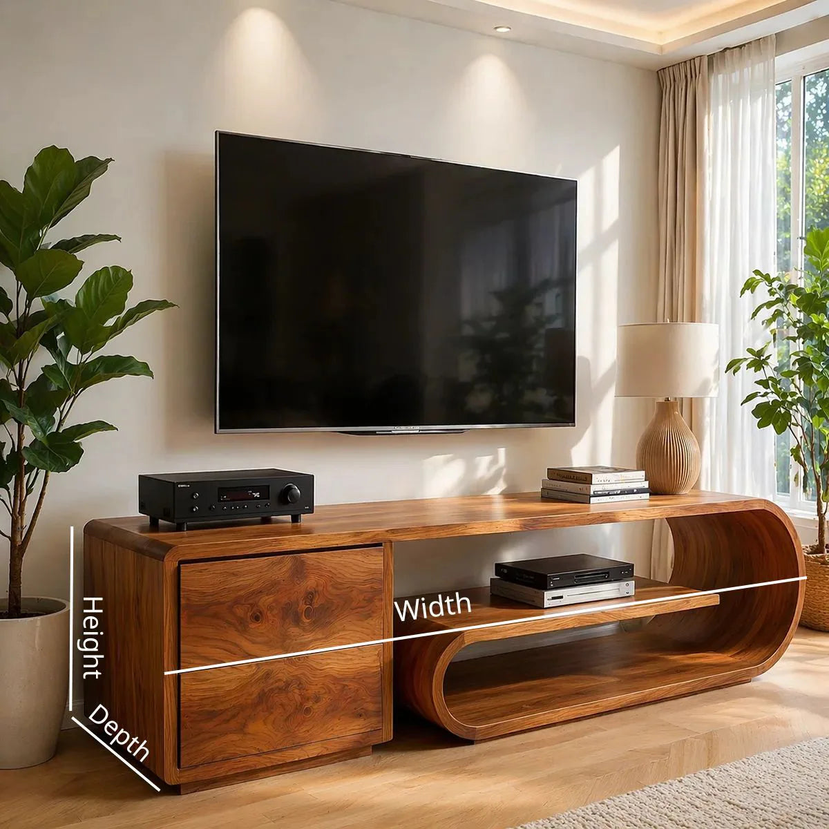 Solid Wood TV Stand with Rounded Open Shelf and 2 Drawers